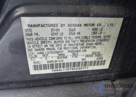 2005 Nissan Altima 2.5 S z USA, uszkodzony, nr VIN 1N4AL11D75C230777